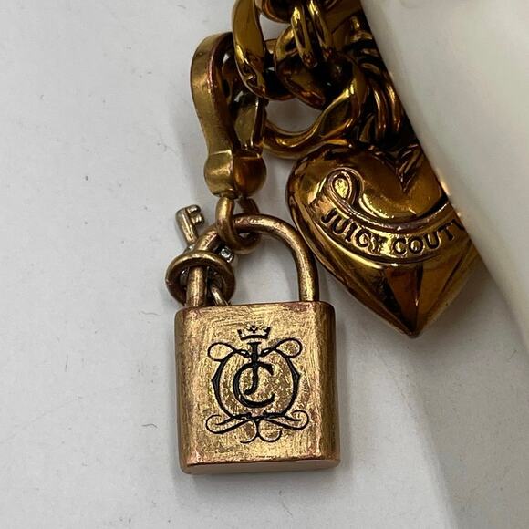 Juicy Couture Gold Tone Pave Padlock With Key Puff 3D Heart and J Charm Bracelet - Picture 4 of 8